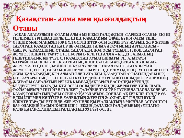 Қазақстан- алма мен қызғалдақтың Отаны АСҚАҚ АЛАТАУДЫҢ БАУРАЙЫ АЛМА МЕН ҚЫЗҒАЛДАҚТЫҢ «ТАРИХИ ОТАНЫ» ЕКЕНІ ҒЫЛЫМИ ТҰРҒЫДАН