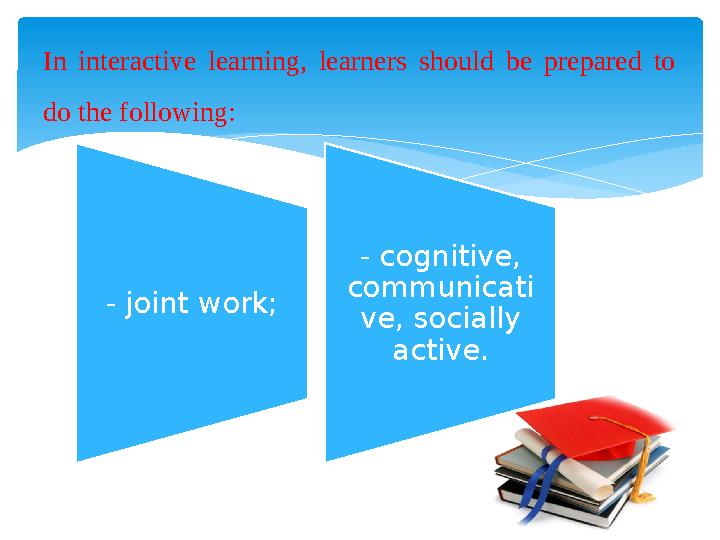 In interactive learning, learners should be prepared to do the following: - joint work; - cognitive, communicati ve, so