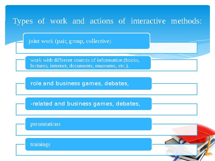 Types of work and actions of interactive methods: joint work (pair, group, collective ) work with different sources of in