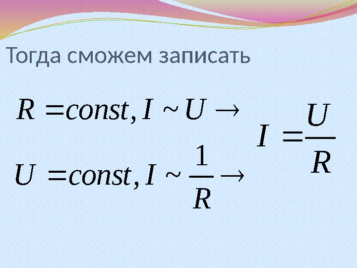 Тогда сможем записатьR U I      R I const U U I const R 1 ~ , ~ ,