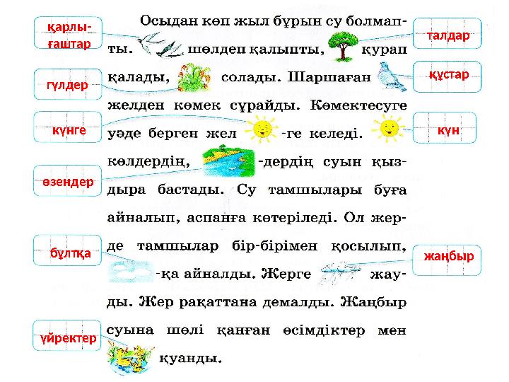 қарлы- ғаштар талдар гүлдер құстар күнге күн өзендер бұлтқа жаңбыр үйректер