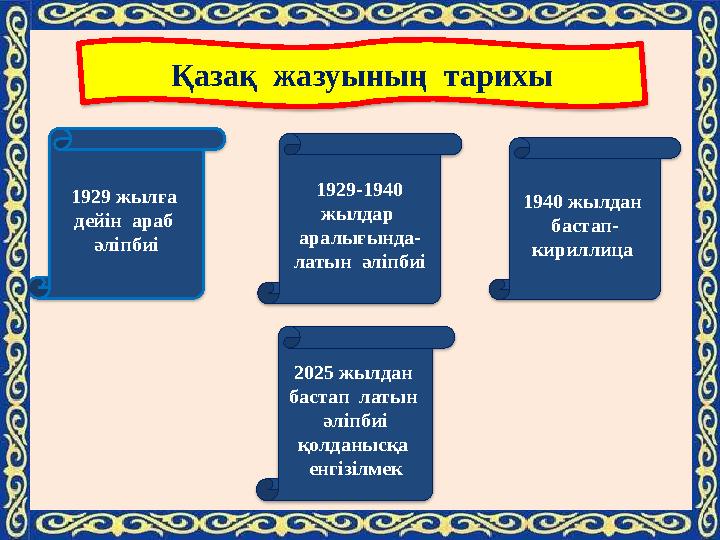 1929 жылға дейін араб әліпбиі 1929-1940 жылдар аралығында- латын әліпбиі 1940 жылдан бастап- кириллица Қазақ жазуы