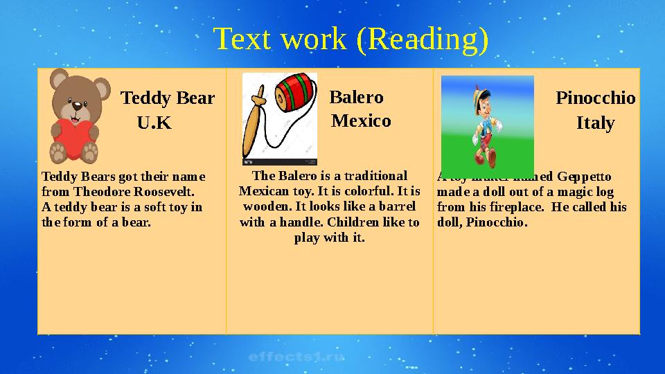Text work (Reading) Teddy Bear U.K Teddy Bears got their name from Theodore Roosevelt. A teddy bear i