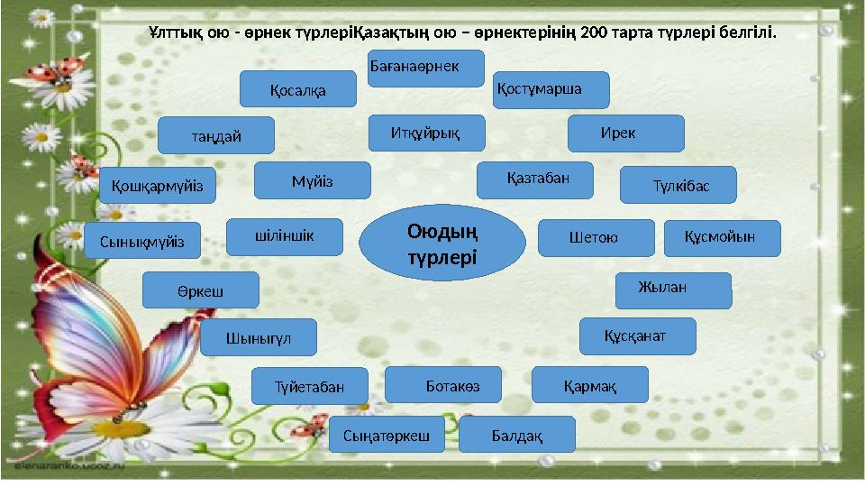 Ұлттық ою - өрнек түрлеріҚазақтың ою – өрнектерінің 200 тарта түрлері белгілі. Оюдың түрлеріМүйіз Қошқармүйіз Сынықмүйіз Өркеш