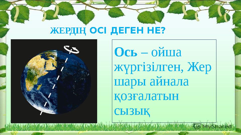 ЖЕРДІҢ ОСІ ДЕГЕН НЕ? Ось – ойша жүргізілген, Жер шары айнала қозғалатын сызық