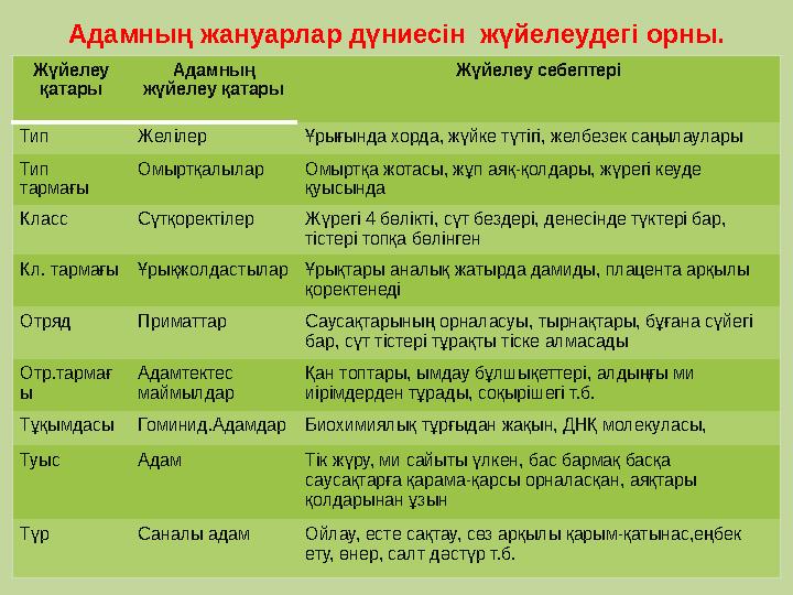 Адамның жануарлар дүниесін жүйелеудегі орны. Жүйелеу қатары Адамның жүйелеу қатары Жүйелеу себептері Тип Желілер Ұрығында хор