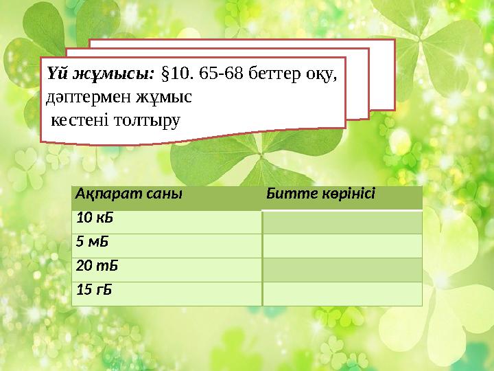 Ақпарат саны Битте көрінісі 10 кБ 5 мБ 20 тБ 15 гБ Үй жұмысы: §10. 65-68 беттер оқу, дәптермен жұмыс кестені толтыру