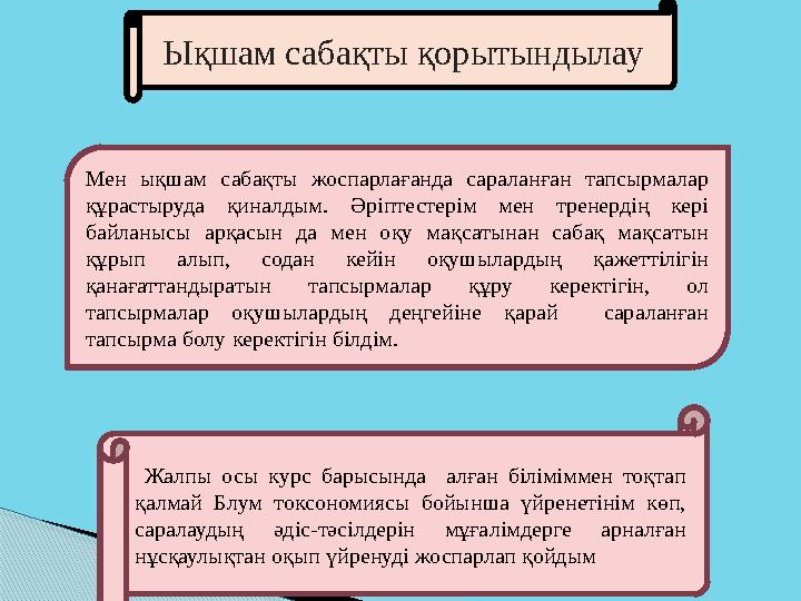 Ықшам сабақты қорытындылау Жалпы осы курс барысында алған біліміммен тоқтап қалмай Блум токсономиясы бойынша үйре