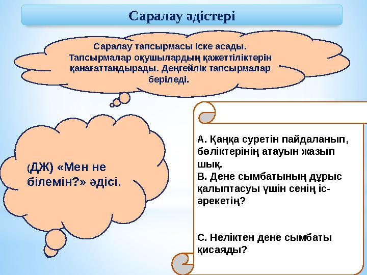 Саралау әдістері ( ДЖ) «Мен не білемін?» әдісі. А. Қаңқа суретін пайдаланып, бөліктерінің атауын жазып шық. В. Дене сым