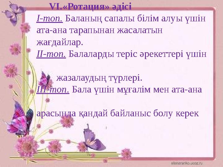 VI.«Ротация» әдісі I-топ. Баланың сапалы білім алуы үшін ата-ана тарап ынан жасалатын жағдайлар. II-топ. Балаларды те