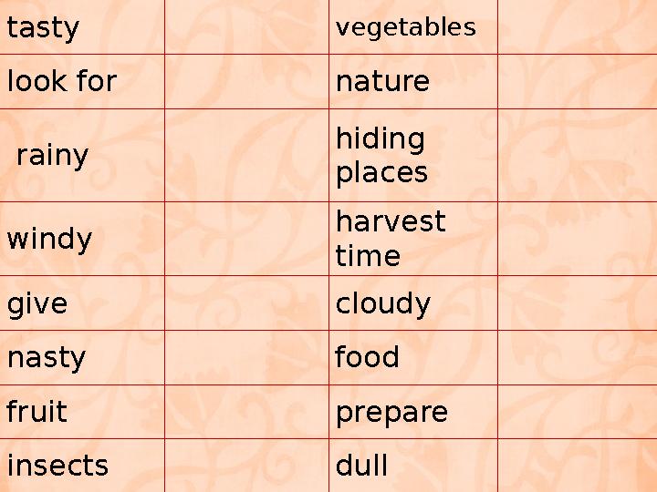 tasty vegetables look for nature rainy hiding places windy harvest time give cloudy nasty food fruit prepare insects dull