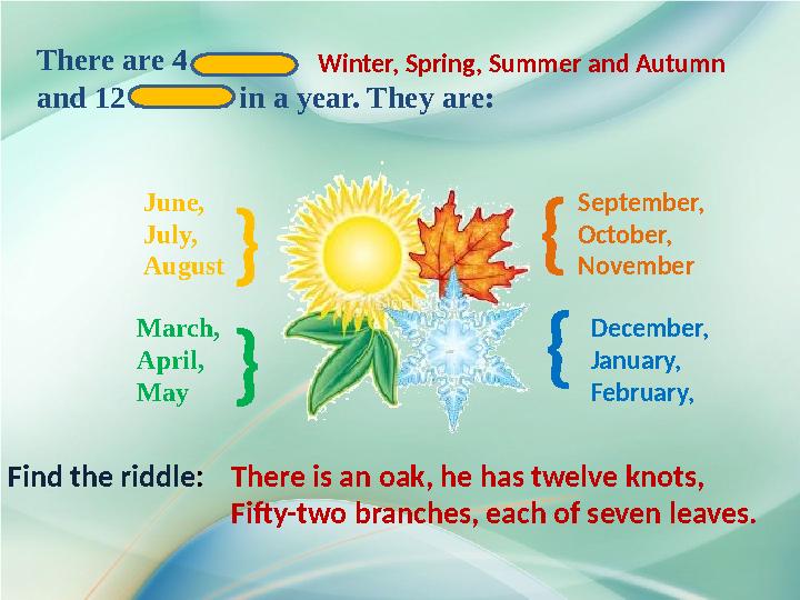 }December, January, February,June, July, August }} March, April, MayThere are 4 seasons and 12 m