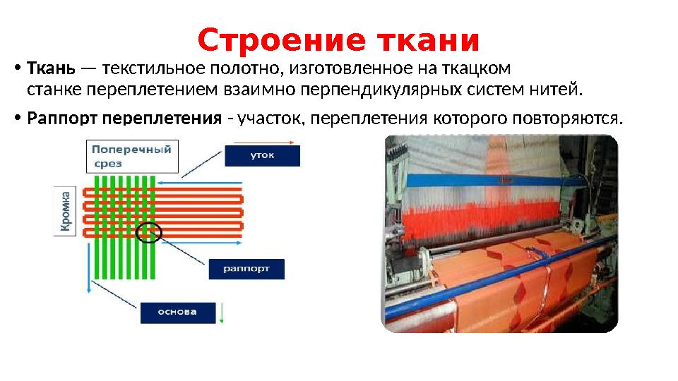 Строение ткани • Ткань — текстильное полотно, изготовленное на ткацком станке переплетением взаимно перпендикулярных систе