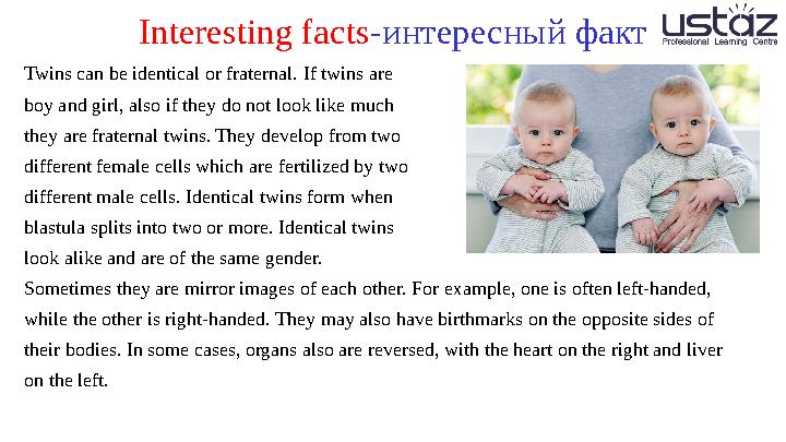 Interesting facts - интересный факт Twins can be identical or fraternal. If twins are boy and girl, also if they do not look li