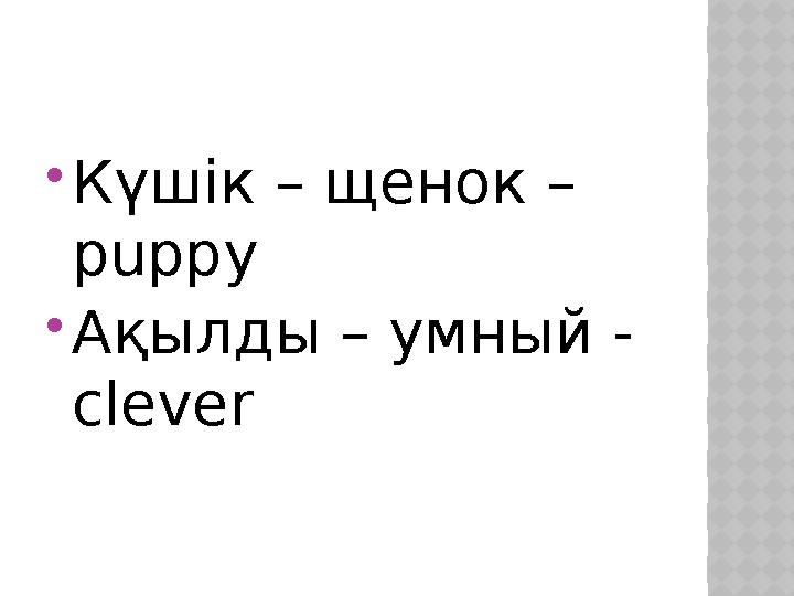  Күшік – щенок – puppy  Ақылды – умный - clever