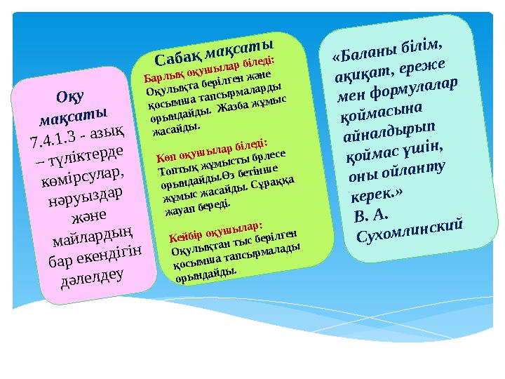 С а б а қ м а қ са т ы Б арлы қ оқуш ы лар біледі: О қулы қта берілген ж әне қосы м ш а тапсы рм аларды оры ндайды .