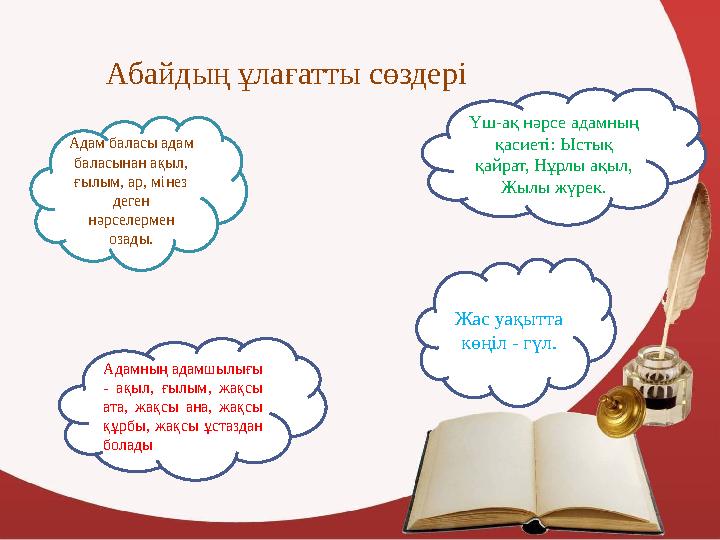 Абайдың ұлағатты сөздері Адам баласы адам баласынан ақыл, ғылым, ар, мінез деген нәрселермен озады. Адамның адамшылығы -