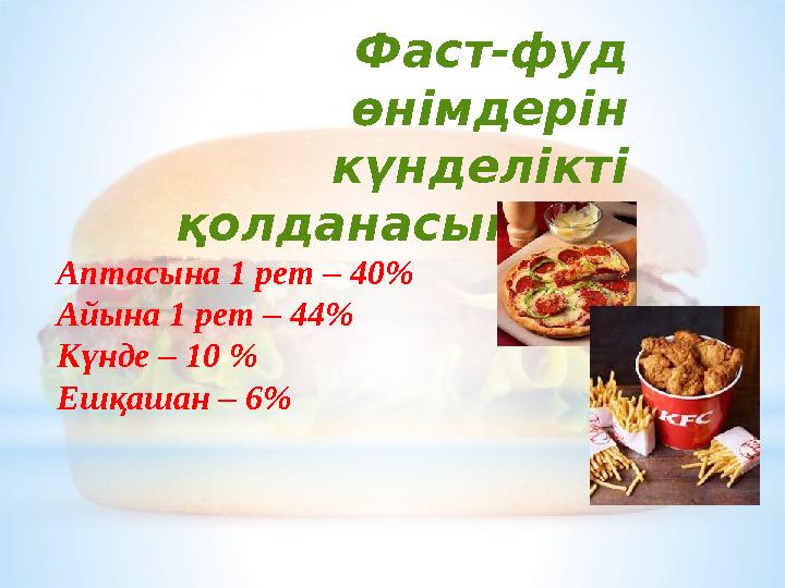 Фаст-фуд өнімдерін күнделікті қолданасың ба? Аптасына 1 рет – 40% Айына 1 рет – 44% Күнде – 10 % Ешқашан – 6%