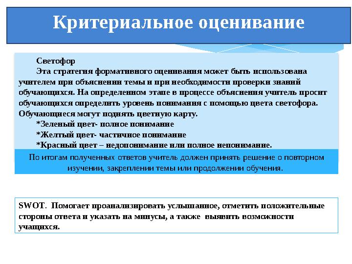 Светофор Эта стратегия ф ормативного оценивания может быть использована учителем при объяснении темы и при необходимости прове