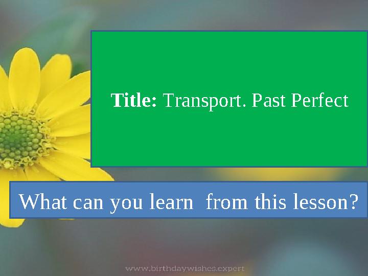 Title: Transport. Past Perfect What can you learn from this lesson?