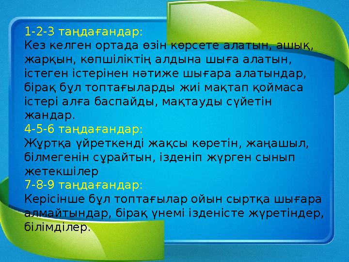 1-2-3 таңдағандар: Кез келген ортада өзін көрсете алатын, ашық, жарқын, көпшіліктің алдына шыға алатын, істеген істерінен нәти