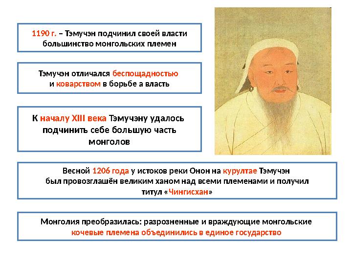 1190 г. – Тэмучэн подчинил своей власти большинство монгольских племен Тэмучэн отличался беспощадностью и коварством в бор
