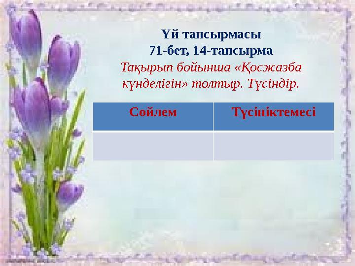 Үй тапсырмасы 71-бет, 14-тапсырма Тақырып бойынша «Қосжазба күнделігін» толтыр. Түсіндір. Сөйлем Түсініктемесі