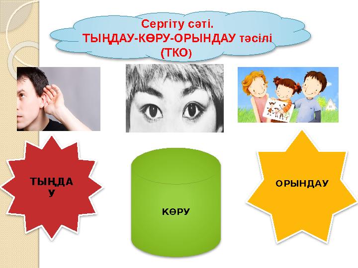 ОРЫНДАУТЫҢДА У КӨРУСергіту сәті. ТЫҢДАУ-КӨРУ-ОРЫНДАУ тәсілі (ТКО )