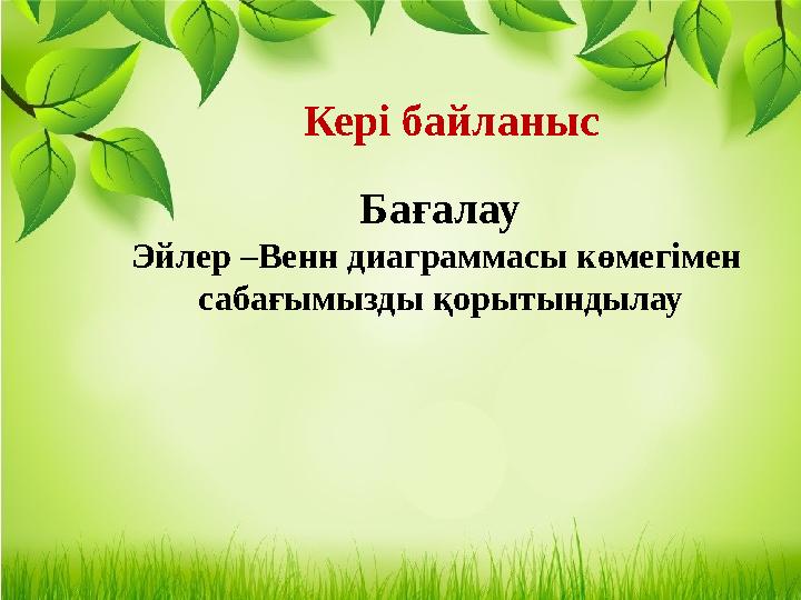 Кері байланыс Бағалау Эйлер –Венн диаграммасы көмегімен сабағымызды қорытындылау