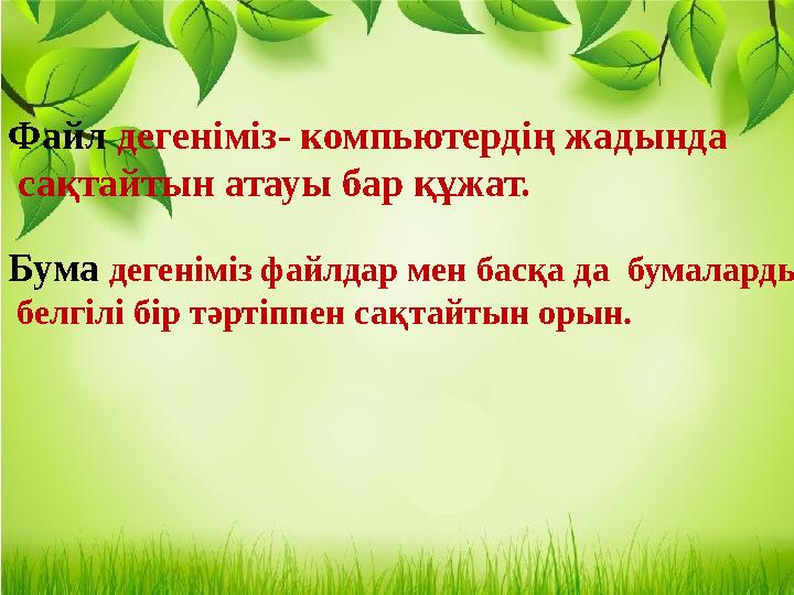 Файл дегеніміз- компьютердің жадында сақтайтын атауы бар құжат. Бума дегеніміз файлдар мен басқа да бумаларды белгілі бі