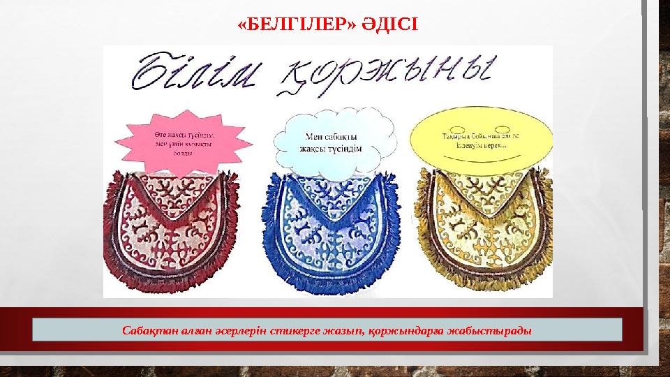 «БЕЛГІЛЕР» ӘДІСІ Сабақтан алған әсерлерін стикерге жазып, қоржындарға жабыстырады