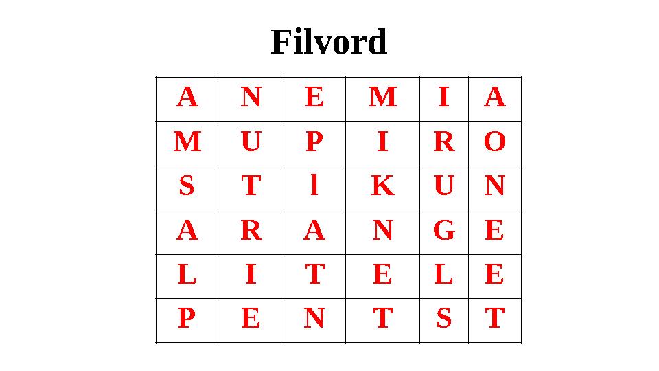 Filvord A N E M I A M U P I R O S T l K U N A R A N G E L I T E L E P E N T S T