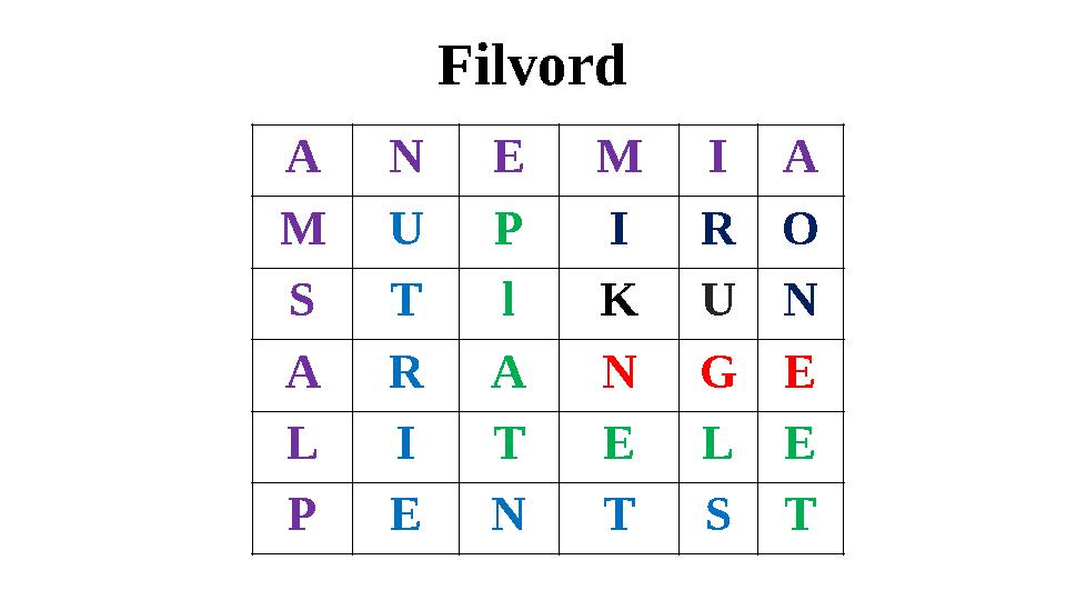 Filvord A N E M I A M U P I R O S T l K U N A R A N G E L I T E L E P E N T S T