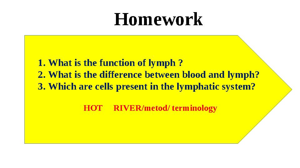 Homework 1. What is the function of lymph ? 2. What is the difference between blood and lymph? 3. Which are cells presen