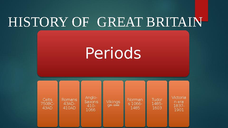 HISTORY OF GREAT BRITAIN Periods Celts 750BC- 43AD Romans 43AD- 410AD Anglo- Saxons 410- 1066 Vikings 9 th -1066 Norman s