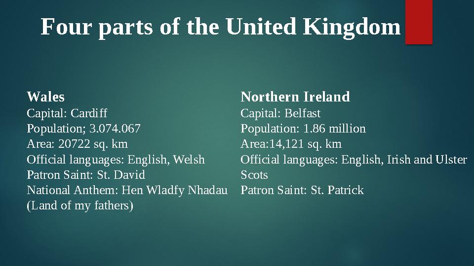 Wales Capital: Cardiff Population; 3.074.067 Area: 20722 sq. km Official languages: English, Welsh Patron Saint: St. David Natio