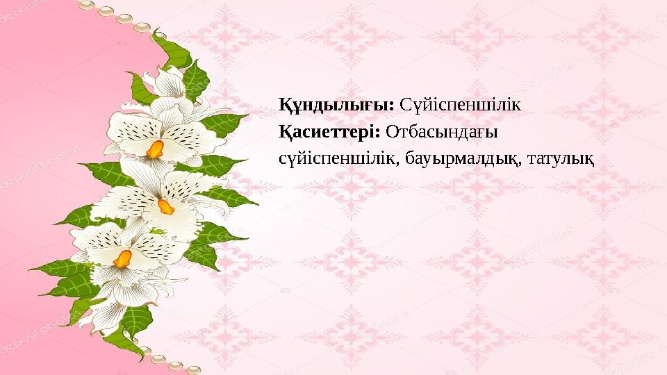 Құндылығы: Сүйіспеншілік Қасиеттері: Отбасындағы сүйіспеншілік, бауырмалдық, татулық