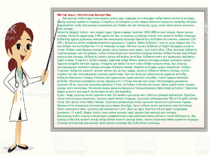 Мәтінді оқып, түсінгеніңізді баяндап бер. Зәр шығару жүйесі адам ағзасындағы артық суды, тұздарды, зат алмасудан пайда бо