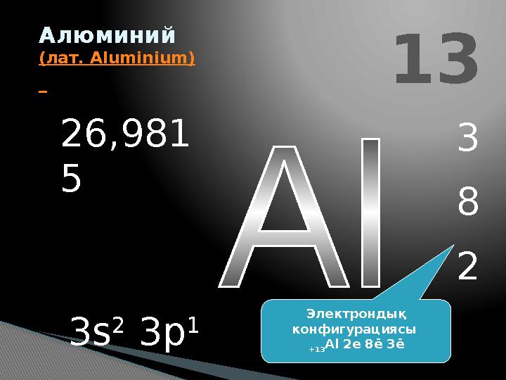 13 Алюминий (лат. Aluminium) 3 8 2 26,981 5 3s 2 3p 1 Электрондық конфигурациясы +13 Al 2е 8ē 3ē