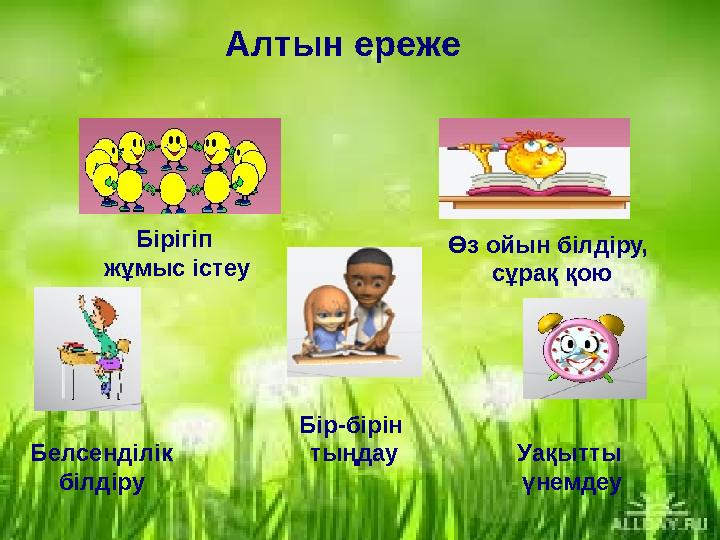 Алтын ереже Бірігіп жұмыс істеу Өз ойын білдіру, сұрақ қою Белсенділік білдіру Бір-бірін тыңдау Уақытты үнемдеу