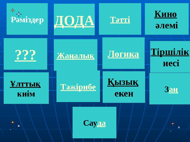 Кино әлемі ??? Ұлттық киім ДОДА Жаңалық Рәміздер Тәтті Логика Қызық екен Тәжірибе Тіршілік иесі Сауда Заң