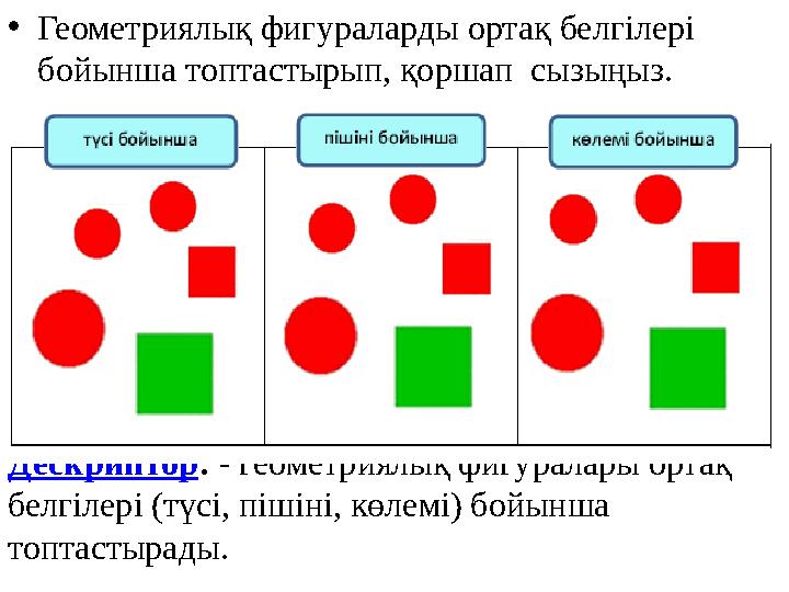 •Геометриялық фигураларды ортақ белгілері бойынша топтастырып, қоршап сызыңыз. Дескриптор: - геометриялық фигуралары ортақ бе