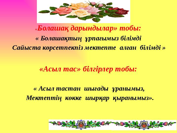 «Болашақ дарындылар» тобы: « Болашақтың ұрпағымыз білімді Сайыста көрсетпекпіз мектепте алған білімді » «Асыл тас» білгірле