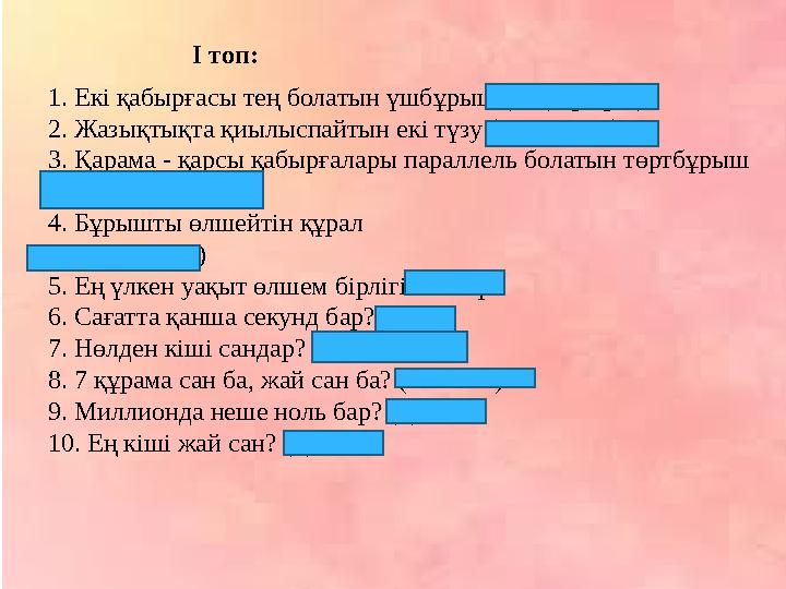 І топ: 1. Екі қабырғасы тең болатын үшбұрыш (тең бүйірлі) 2. Жазықтықта қиылыспайтын екі түзу (параллел