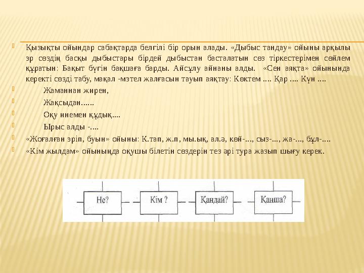 Қызықты ойындар сабақтарда белгілі бір орын алады. «Дыбыс тандау» ойыны арқылы эр сөздің басқы дыбыстары бірдей дыбыстан баста