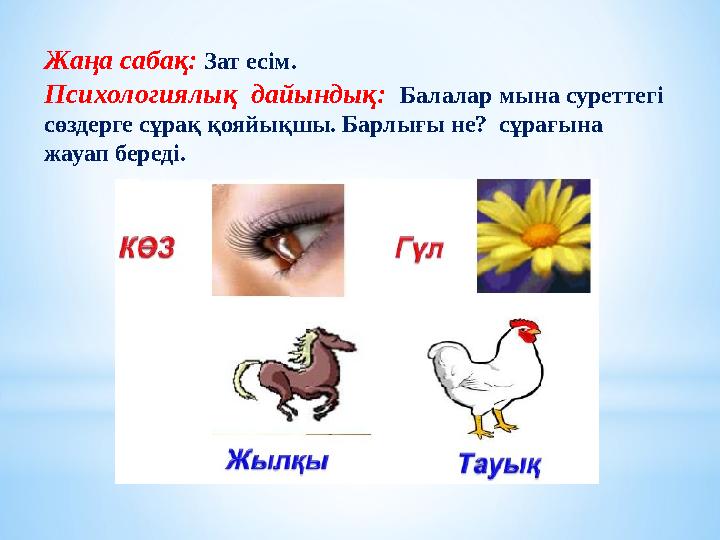 Жаңа сабақ: Зат есім. Психологиялық дайындық: Балалар мына суреттегі сөздерге сұрақ қояйықшы. Барлығы не? сұрағына жауап бе