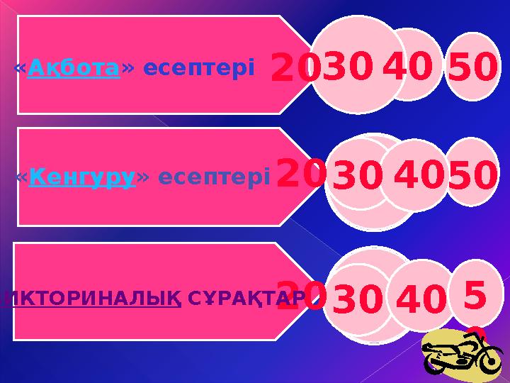 203040 203040 203040 «Ақбота» есептері «Кенгуру» есептері ВИКТОРИНАЛЫҚ СҰРАҚТАР 50 50 5 0 14