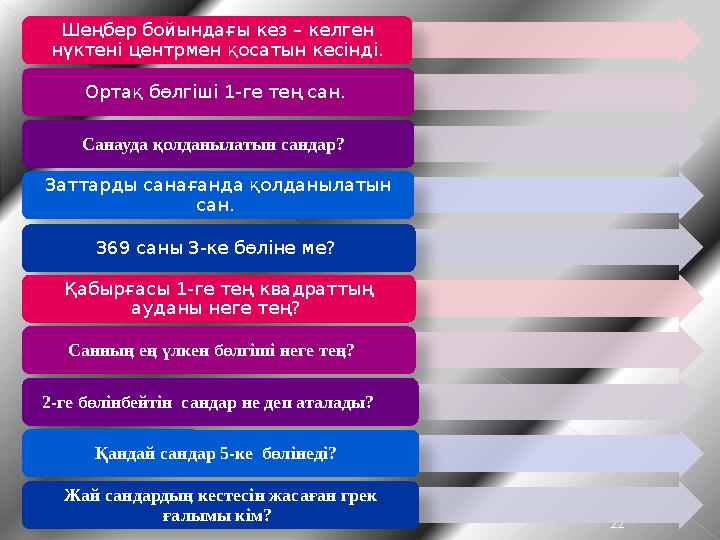 22 Шеңбер бойындағы кез – келген нүктені центрмен қосатын кесінді. Ортақ бөлгіші 1-ге тең сан. Санауда қолданылатын