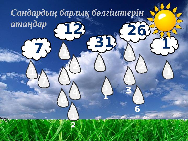 1 1 1 1 1 7 2 3 4 6 1 2 1 3 2 3 1 2 6 7 12 31 26 1 Сандардың барлық бөлгіштерін атаңдар