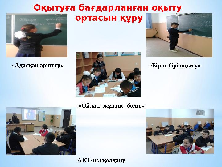 «Адасқан әріптер» «Бірін-бірі оқыту» «Ойлан- жұптас- бөліс» АКТ-ны қолдану Оқытуға бағдарланған оқыту ортасын құру